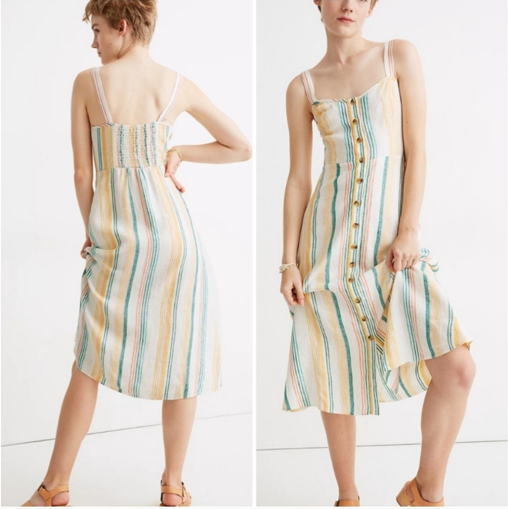 Madewell Linen fitted-bodice midi dress in stripe